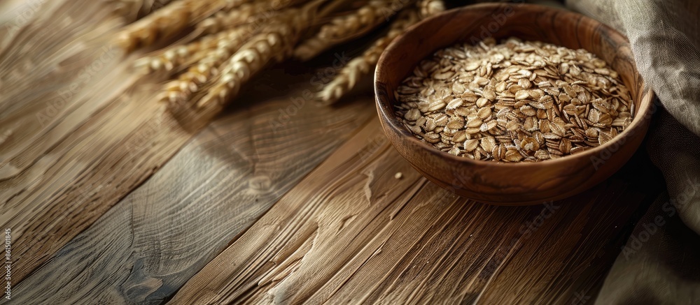 Poster a wooden table displays a bowl of dry oats in the bottom right corner, creating a visually appealing
