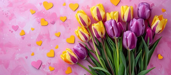 Fototapeta premium A lovely bouquet of yellow and purple tulips on a background adorned with hearts, perfect for occasions like International Women's Day or Mother's Day. Ideal for a greeting card with copy space image.