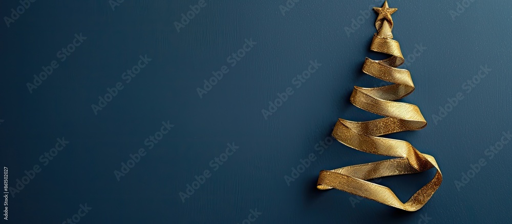 Poster a festive composition with a golden ribbon shaped like a christmas tree on a blue background, featur