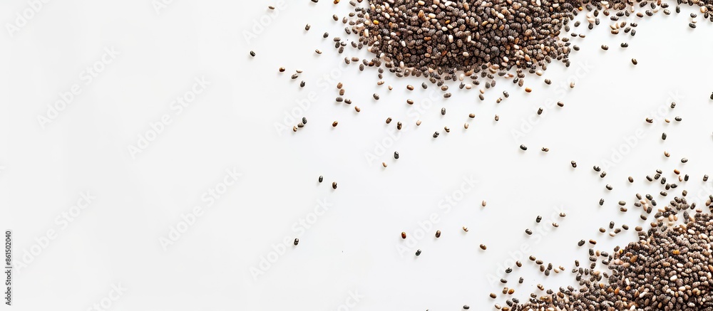 Poster a view from above of chia seeds on a clear white background with ample copy space image.