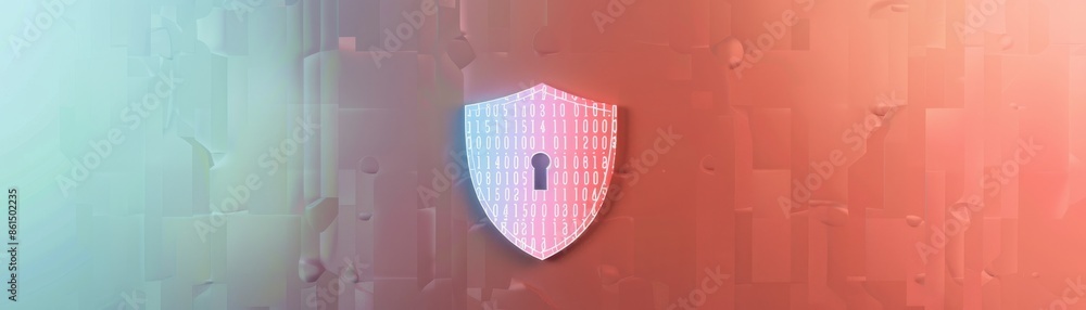 Wall mural Shield icon, white binary code, padlock, front view, highlights data integrity, digital binary as object, colored pastel