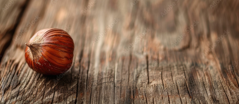 Poster a hazelnut placed on a rustic wooden surface with empty space for additional content in the photogra