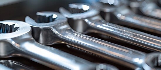 Fototapeta premium A row of metric spanners and open-end wrenches arranged neatly with various box and ring ends, captured in a detailed close-up macro shot, providing copy space image.