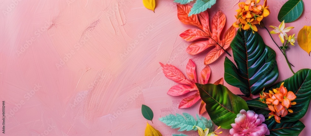 Poster a flat lay composition featuring a colorful leaf and flower arrangement against a pink backdrop with