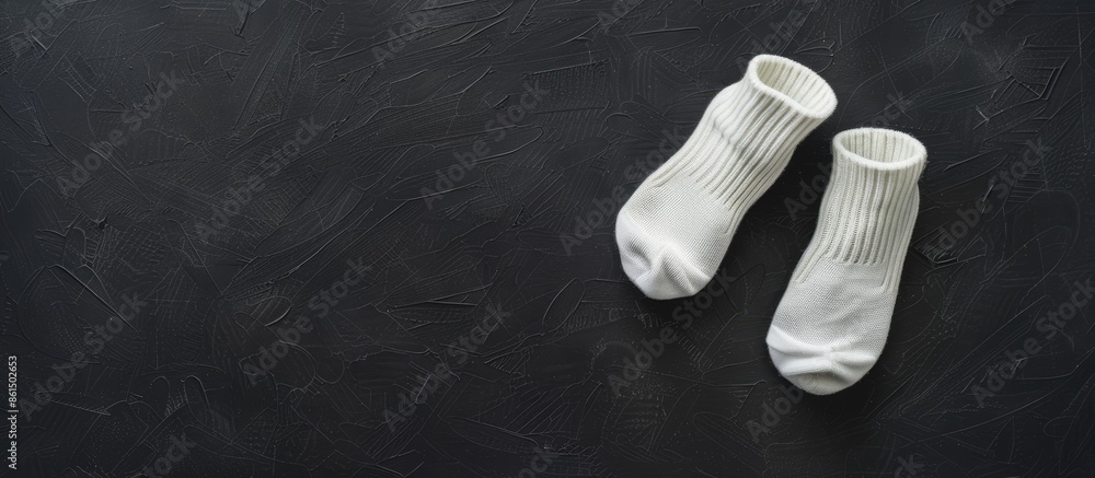 Poster A distinctive back-to-school concept with white socks placed on a black background, top view, flat lay style, emphasizing the space for text or images. image with copy space