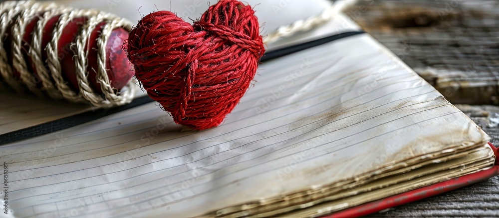 Poster a background featuring a notebook, a red heart, and paper rope, perfect for adding content to a copy