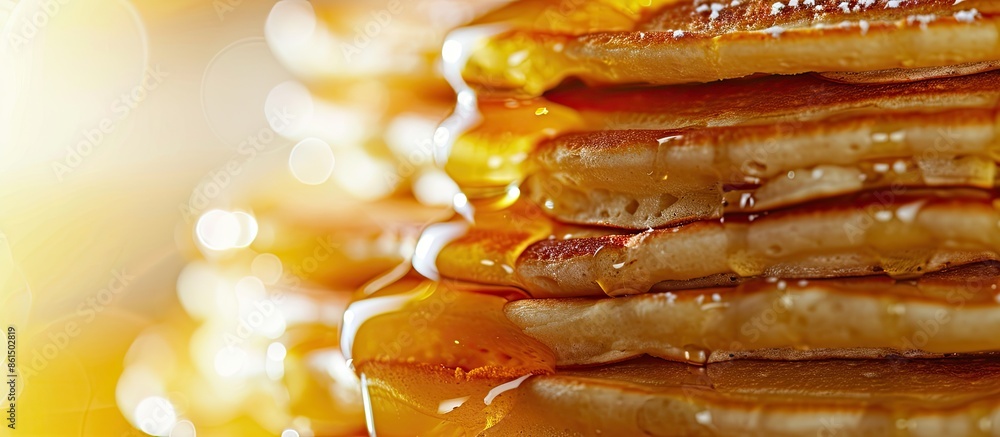 Poster a mouthwatering close-up image of pancakes with ample copy space.