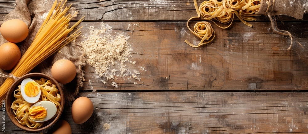 Poster a rustic wooden background adorned with homemade pasta and eggs, creating a charming setting for a c