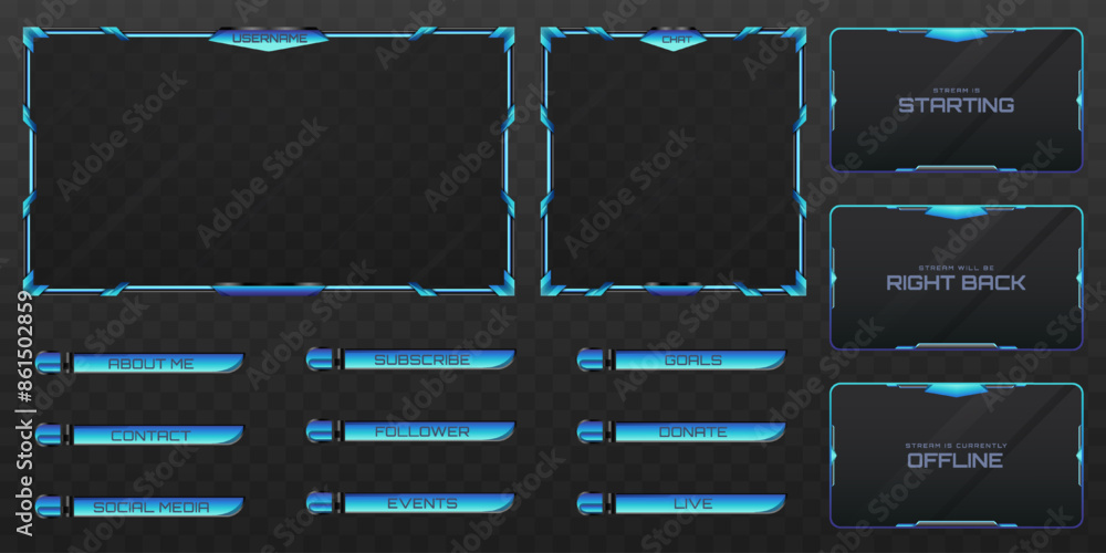 Poster abstract blue live stream overlay webcam screen frame and stream alert gui panel for gaming and vide