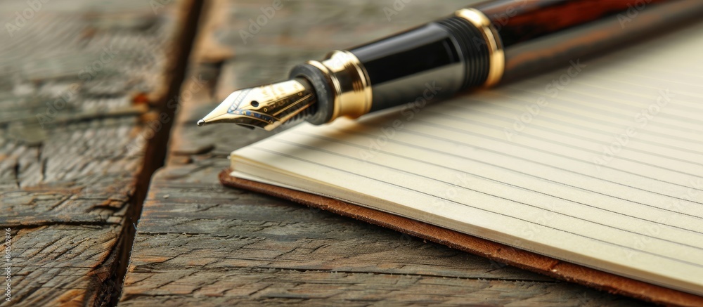 Poster a pen sits on lined notebook paper atop a rustic wooden table with ample copy space image.
