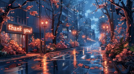 Fototapeta premium A Rainy Night in the City of Lights With Falling Petals and a Thank You Sign. Generative AI