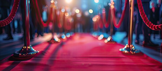 A close-up shot featuring a red carpet event with focus on stanchions and ropes, blurred guests and photographers in the background, highlighting a celebrity lifestyle concept. Includes copy space
