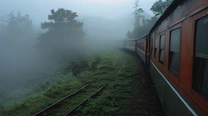 Fog envelops the train adding an ethereal touch to the journey along the historic rail lines.