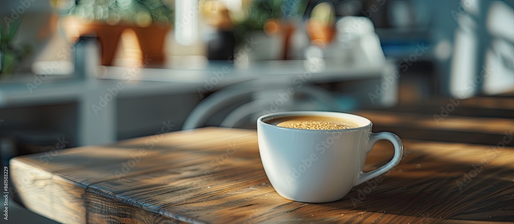 Poster a cup of coffee placed on a table with a blank area where an image can be inserted. image with copy 