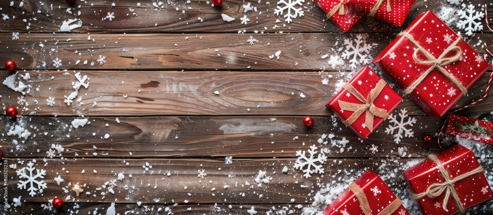 Poster a festive christmas-themed image featuring red gift boxes on a wooden backdrop with snowflakes. the 