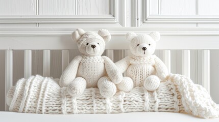 A white knitted teddy bear sits on a white crib with a white blanket