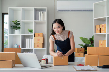 Young Entrepreneur Preparing Parcel Boxes for Online Ecommerce Business in Modern Home Office Setting