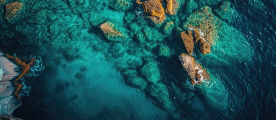 A drone captured a top-down view of the clear turquoise sea water with submerged rocks, creating a textured background in the copy space image.