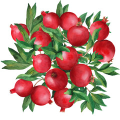 Round composition of whole pomegranates with leaves. Watercolor illustration isolated on white background. For menu, card, sticker, wrapping, design