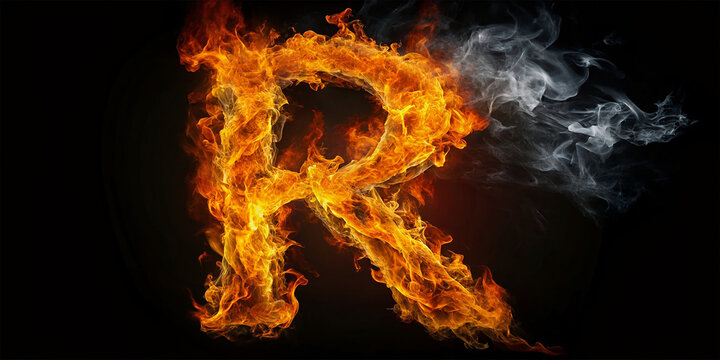 Fire letter R of burning flame. Flaming burn font or bonfire alphabet text with sizzling smoke and fiery or blazing shining heat effect. Incandescent hot red fire glow on black background
