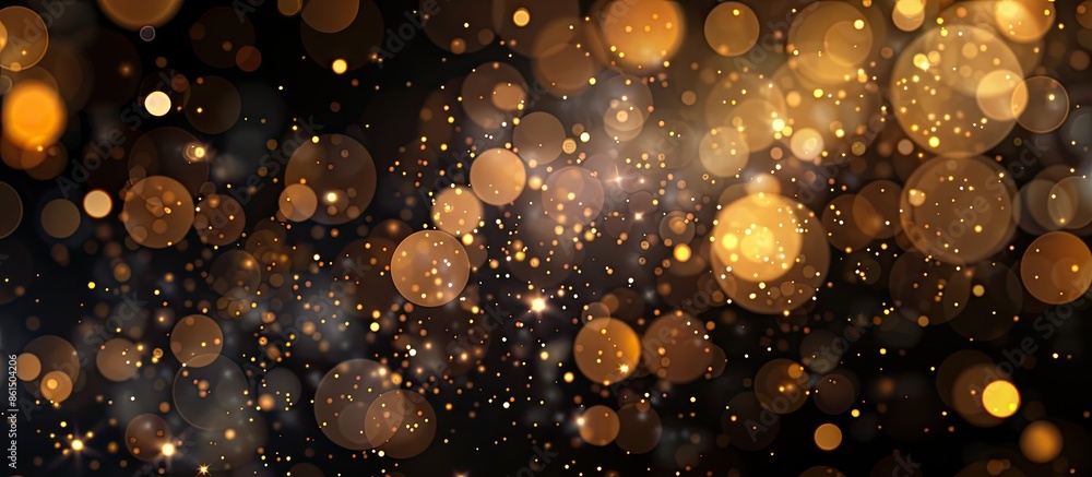 Poster celebrate with an abstract bokeh background in dark black and warm yellow tones, featuring glitterin