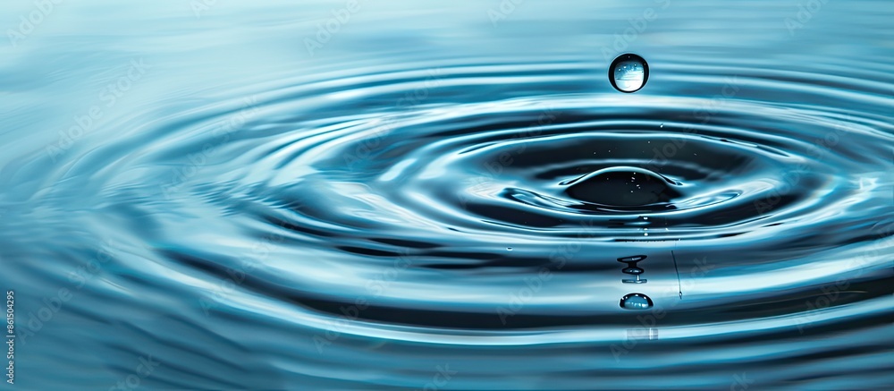 Poster a water droplet creating ripples in serene water, with copy space image.