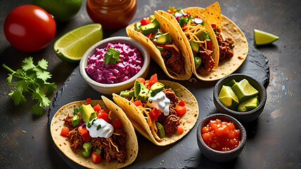 Variety of authentic tacos birria, carne asada, adobada, cabeza, and chicharron served with lime, onion, and roasted chili pepper.
