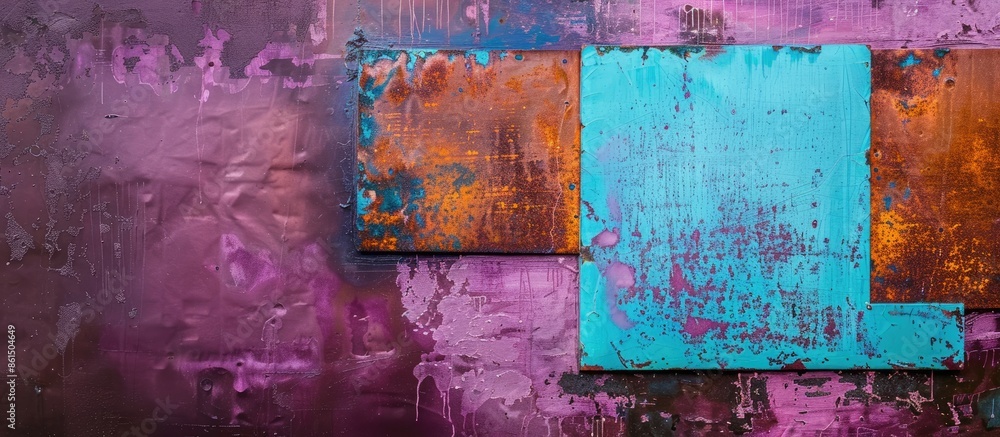 Aufkleber abstract background of a rusted iron texture in shades of violet with a blue rectangle providing a d