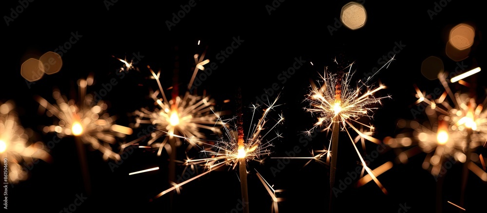Poster A group of festive sparklers in a close-up low-angle side view over a black background with selective focus, ideal for a copy space image.