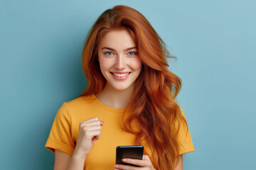 Fototapeta premium a confident pretty young girl with red long hair smiling and holding a smartphone. wearing a orange t-shirt , isolated blue color background looking to camera
