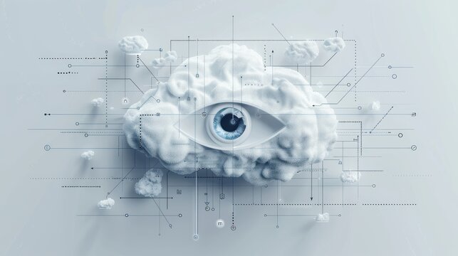 Eye icon, white data flow chart, cloud with lock, front view, highlights encrypted cloud access, digital binary as object, colored pastel