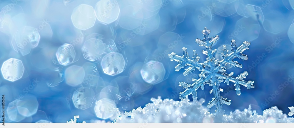 Poster Abstract blue snowflake background with blurred bokeh creating a copy space image.