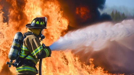 Naklejka premium Firefighters are extinguishing a burning fire. Fireman putting out fire.