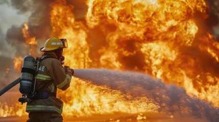 Naklejka premium Firefighters are extinguishing a burning fire. Fireman putting out fire.