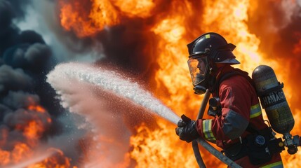 Fototapeta premium Firefighters are extinguishing a burning fire. Fireman putting out fire.