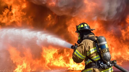 Naklejka premium Firefighters are extinguishing a burning fire. Fireman putting out fire.