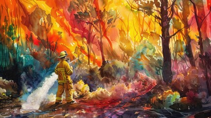 Fireman spraying water, back view, fantasy, vibrant colors, watercolor, enchanted forest engulfed in flames 