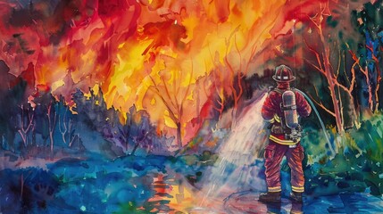 Fireman spraying water, back view, fantasy, vibrant colors, watercolor, enchanted forest engulfed in flames 