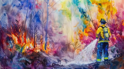 Fototapeta premium Fireman spraying water, back view, fantasy, vibrant colors, watercolor, enchanted forest engulfed in flames 