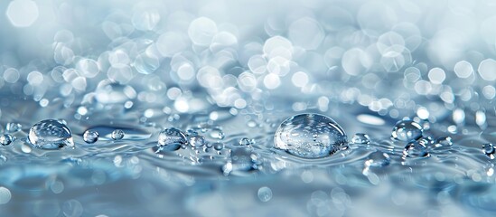 Clear water droplets glistening on a smooth surface with a copy space image.