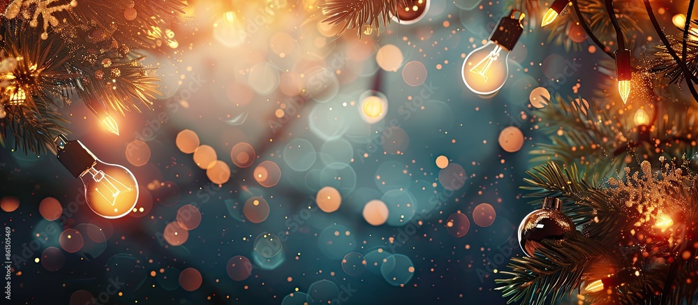 Poster festive banner with a blurred bokeh background featuring light bulbs and christmas tree branches, pe