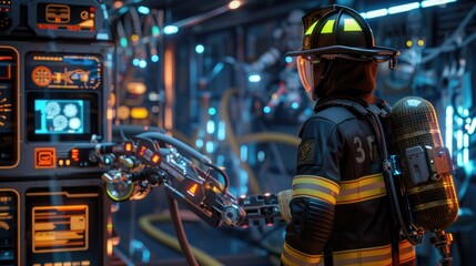 Fireman with robotic arm, back view, sci-fi, holographic display, 3D rendering, futuristic gear and...