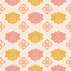 Handmade tileable Indian themed Pattern, block print style. Traditional Indian inspired seamless pattern, hand drawn.