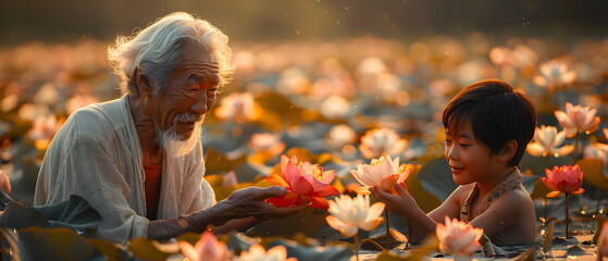 A happy family enjoying a sunny day in the lotus pool with children playing and smiling, lifestyle of folk people