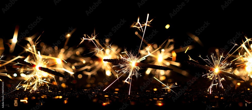 Poster A group of festive sparklers in a close-up low-angle side view over a black background with selective focus, ideal for a copy space image.