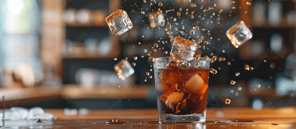 Poster An ice cube falls into an iced coffee glass, creating a refreshing image with a blurred background and selective focus for your copy space image.
