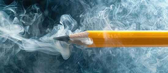 A yellow pencil close-up touches white smoke from below in a photo with copy space image available.