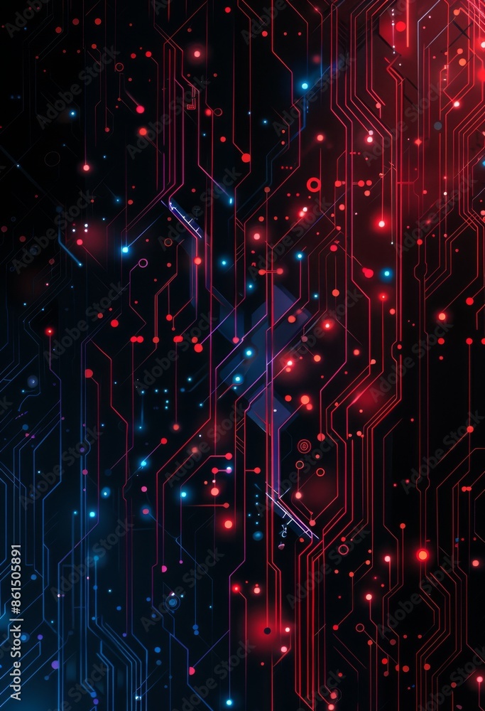 Poster futuristic circuit board background with glowing red and blue neural connections and digital pathway