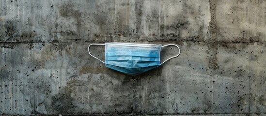 A facemask displayed on a concrete wall in a symbolic representation of pandemic protection against Coronavirus, with copy space image.