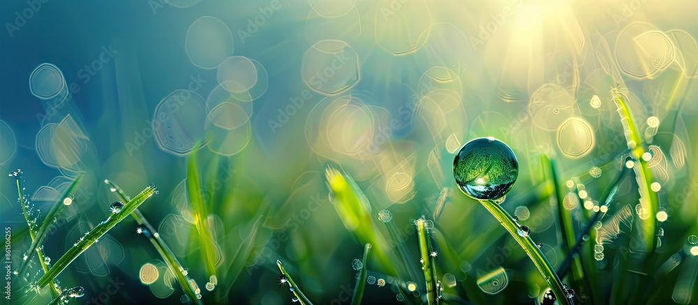 Poster a single dew drop glistens in morning sunlight on lush green grass, captured in a close-up photo aga